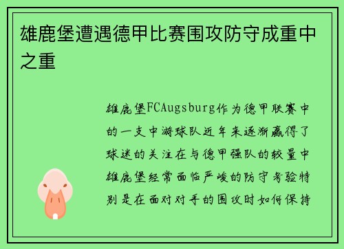 雄鹿堡遭遇德甲比赛围攻防守成重中之重